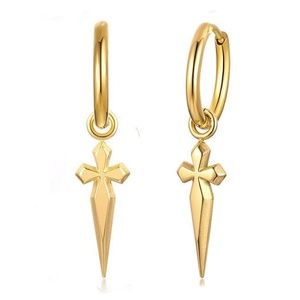 Mens Solid Gold Dagger Sword Hanging Cross Huggie Sterling Silver Hoop Earrings